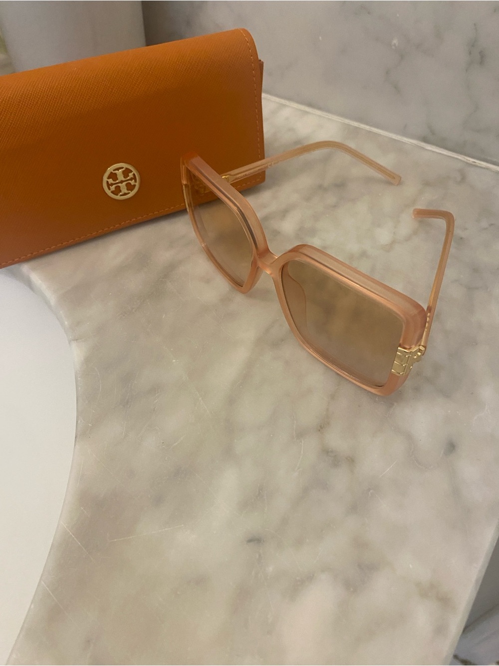 Tory Burch Peachy Pink Square Sunglasses with Orange Logo Case
